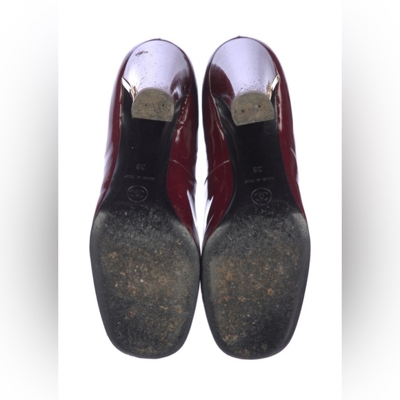 Chanel Pumps Burgundy Wine Patent Leather Logo High Heels Shoes Square Toe 38 8 - Picture 5 of 5